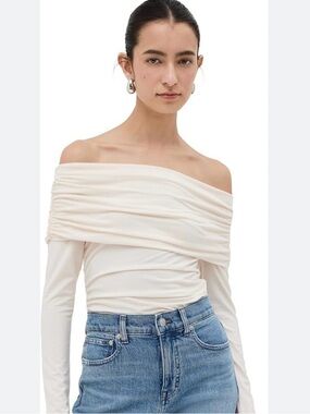 Reformation Off-the-Shoulder Ruched Long Sleeve Top in Cream